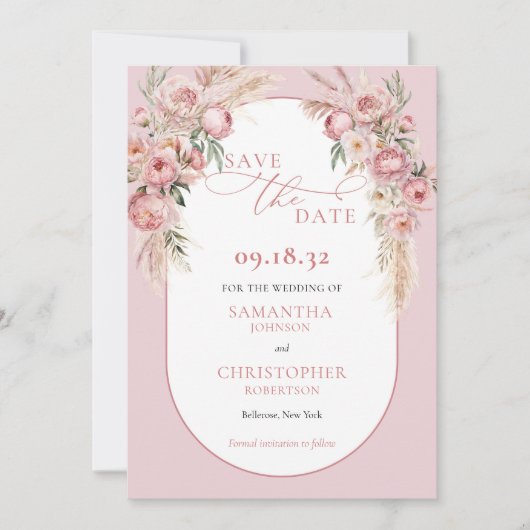 Fijne roze bloemen boho arch pampas eucalyptus save the date (Voorkant)