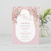 Fijne roze bloemen boho arch pampas eucalyptus save the date (Staand voorkant)
