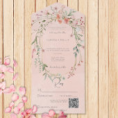 Fijne Roze Blush Rustieke Wildbloemen QR Code All In One Uitnodiging
