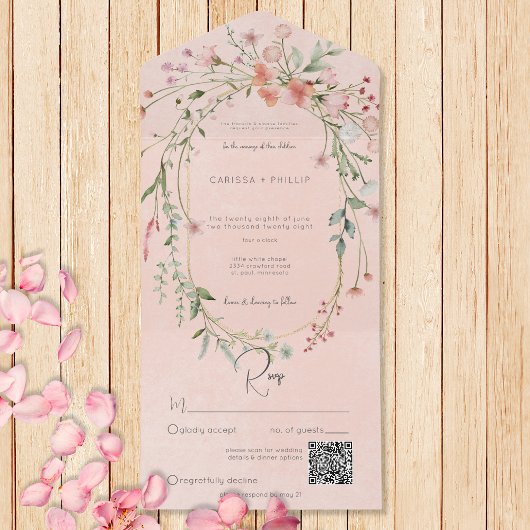 Fijne Roze Blush Rustieke Wildbloemen QR Code All In One Uitnodiging