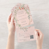 Fijne Roze Blush Rustieke Wildbloemen QR Code All In One Uitnodiging (Afscheurbaar)