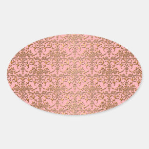 Fijne roze en gouden damastbloem ovale sticker