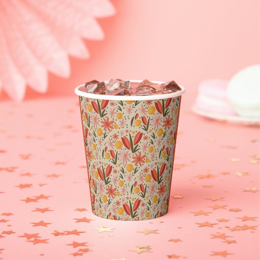 Fijne roze en oranje bloemen papieren bekers (Insitu)