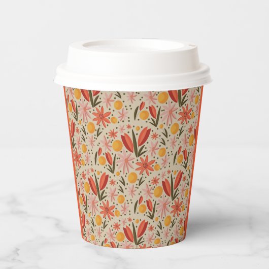 Fijne roze en oranje bloemen papieren bekers (Voorkant)