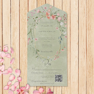 Fijne Roze Rustieke Wildbloemen Sage QR Code All In One Uitnodiging