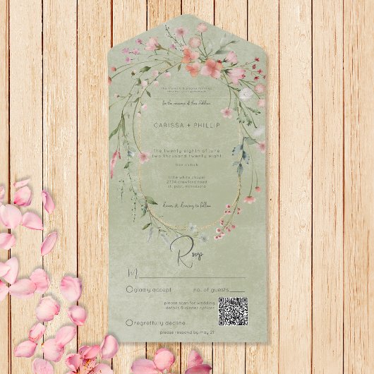 Fijne Roze Rustieke Wildbloemen Sage QR Code All In One Uitnodiging