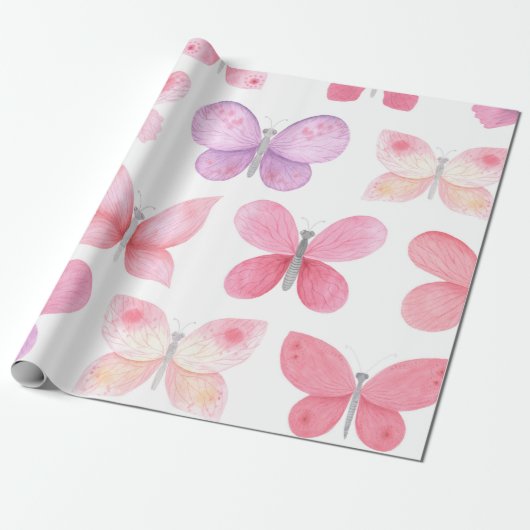 Fijne roze vlinders cadeaupapier (Uitgerold)