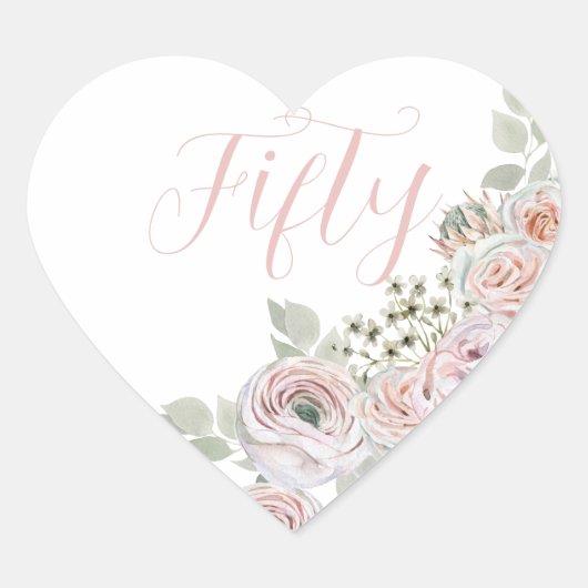 Fijne roze waterverf bloemen "Fifty" Verjaardag Hart Sticker (Voorkant)