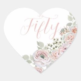 Fijne roze waterverf bloemen "Fifty" Verjaardag Hart Sticker