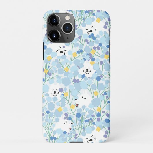 Fijne schattige samoyed hond in blauwe bloemtuin iPhone hoesje (Achterkant)
