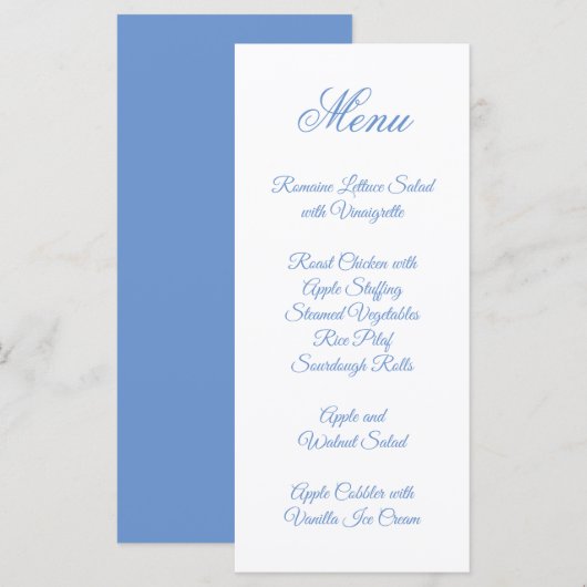 Fijne Script Calligrafie Korensblauw Menu (Voorkant / Achterkant)