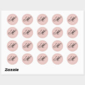 Fijne Script Calligrafie Roze en Zwarte Monogram Ronde Sticker (Vel)