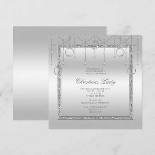 Fijne Sterren & Ringen Zilveren Kerstfeest Kaart (Voorkant / Achterkant)