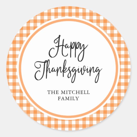 Fijne Thanksgiving | Oranje gingham Ronde Sticker (Voorkant)