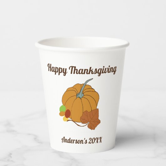 Fijne thanksgiving pumpkin en bladnaam en datum papieren bekers (Voorkant)