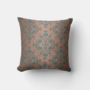 Fijne turquoise over bruinachtig koperen damast kussen