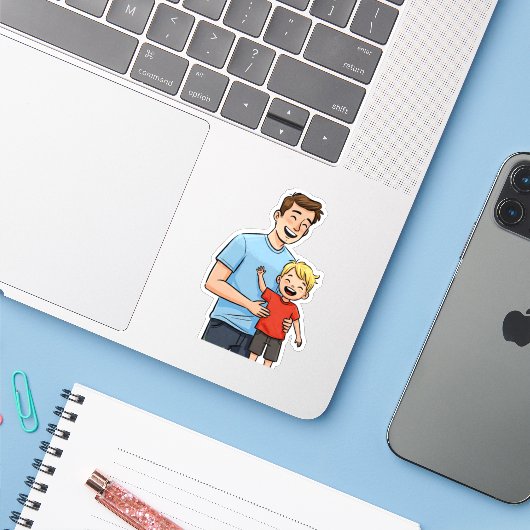 Fijne Vaderdag Cartoon Vader & Zoon Blauw Sticker (Laptop met iPhone)
