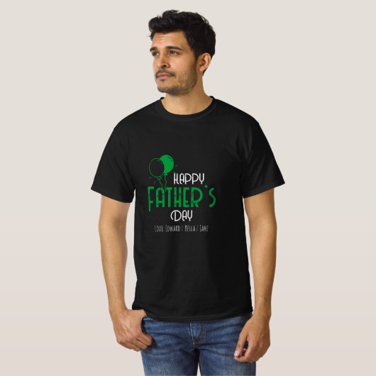 Fijne vaderdag met groene ballonnen en namen t-shirt (Voorkant volledig)