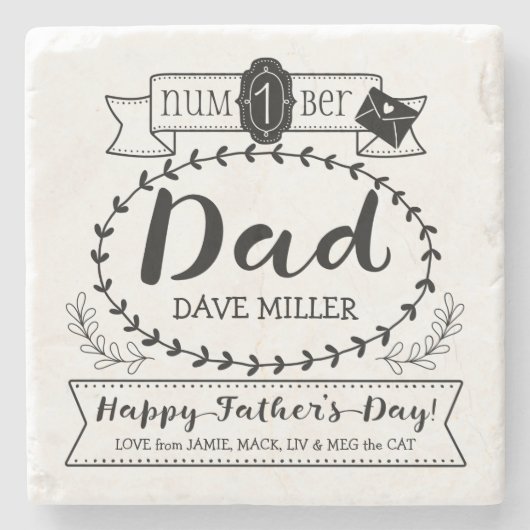 Fijne vaderdag nummer 1 Eén pap monogram Logo Stenen Onderzetter (Voorkant)