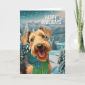 Fijne Vakantie Airdale Terrier in Winter Sjaal Feestdagen Kaart (Voorkant)