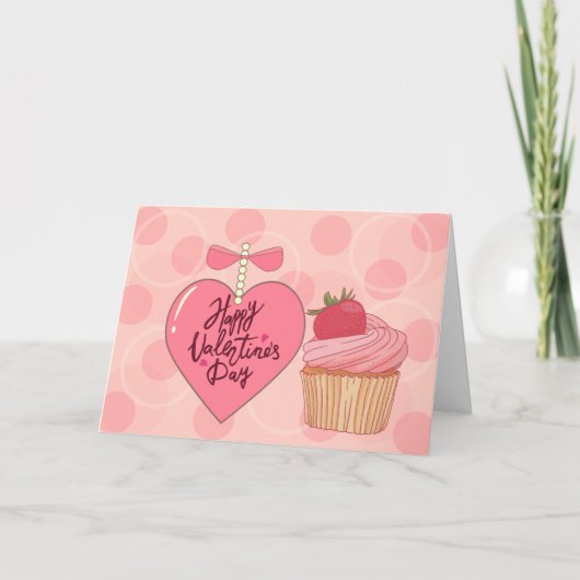 Fijne Valentijnsdag Aardbeien Cupcake Kaart (Voorkant)