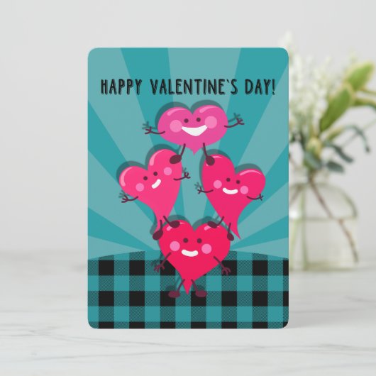 Fijne Valentijnsdag! Aqua, Zwarte Buffalo Plaid Feestdagenkaart (Staand voorkant)