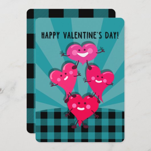 Fijne Valentijnsdag! Aqua, Zwarte Buffalo Plaid Feestdagenkaart (Voorkant / Achterkant)
