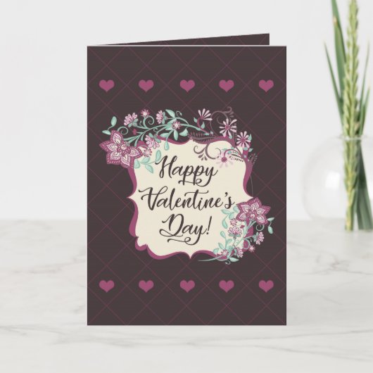 Fijne Valentijnsdag! Boho Pink Flowers Hearts Kaart (Voorkant)