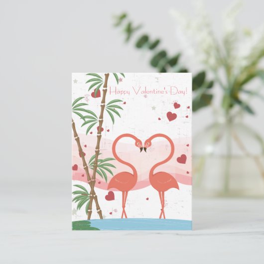Fijne Valentijnsdag Cute Flamingo Harten Bamboe Feestdagenkaart (Staand voorkant)