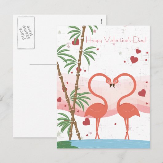 Fijne Valentijnsdag Cute Flamingo Harten Bamboe Feestdagenkaart (Voorkant / Achterkant)