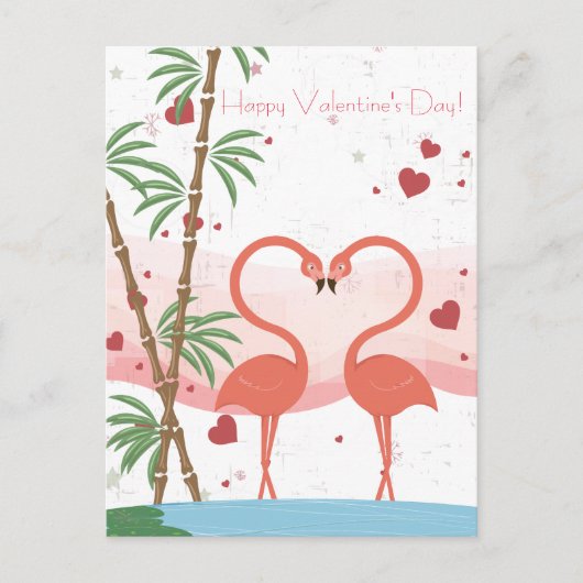 Fijne Valentijnsdag Cute Flamingo Harten Bamboe Feestdagenkaart (Voorkant)
