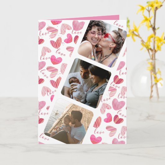 Fijne Valentijnsdag Cute Roze Hart Foto Collage Kaart (Gele Bloem)