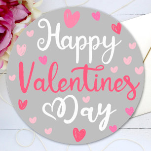 Fijne Valentijnsdag Elegant Schrift Roze Harten Ronde Sticker