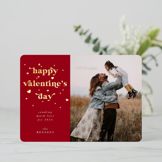 Fijne Valentijnsdag + Harten Folie Fotokaart Folie Feestdagenkaart (Staand Voorkant)