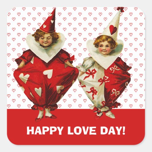 Fijne Valentijnsdag.  Kinder Clowns Vierkante Sticker (Voorkant)