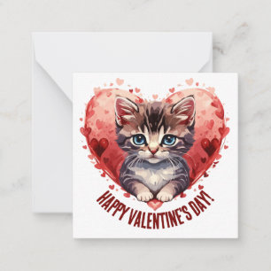 Fijne Valentijnsdag Kleine Kitten met Hart Notitiekaartje