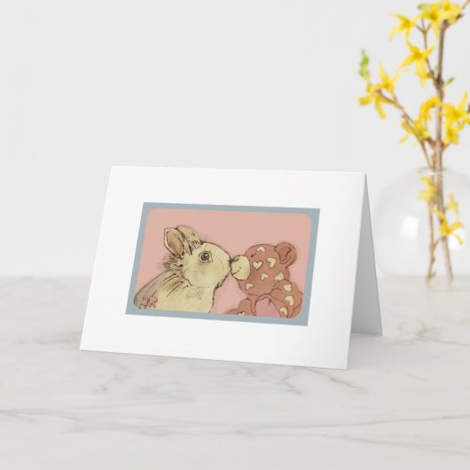 Fijne Valentijnsdag, Konijn en Teddybeer Kaart (Gele Bloem)