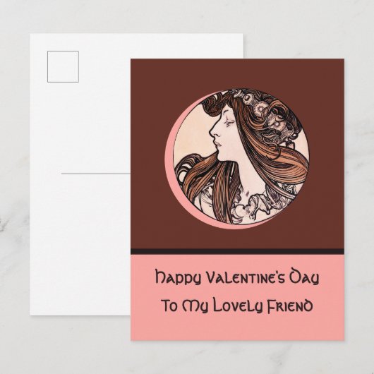 Fijne Valentijnsdag Lieve vriend Mucha Pink Feestdagenkaart (Voorkant / Achterkant)