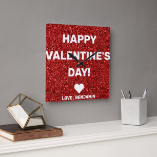 Fijne Valentijnsdag Rode Glitter - Aangepaste naam Vierkante Klok