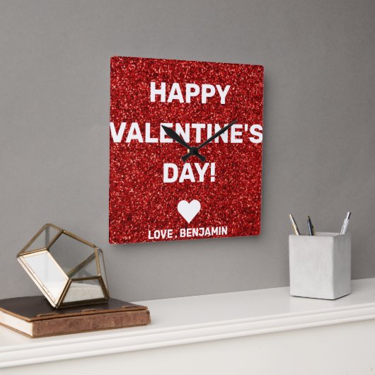 Fijne Valentijnsdag Rode Glitter - Aangepaste naam Vierkante Klok (Kantoor)