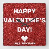 Fijne Valentijnsdag Rode Glitter - Aangepaste naam Vierkante Klok (Voorkant)