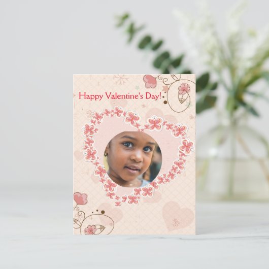 Fijne Valentijnsdag Roze Floral Heart Foto Feestdagenkaart (Staand voorkant)