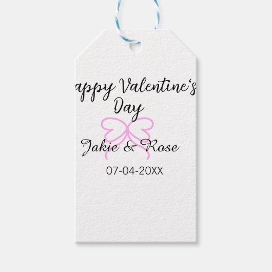 Fijne Valentijnsdag roze hart boog naam datum sty Cadeaulabel (Voorkant)