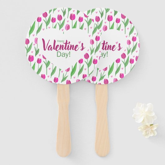 Fijne Valentijnsdag Roze Tulpen Handwaaier (Voorkant en achterkant)