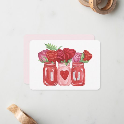 Fijne Valentijnsdag Rozen Mason Jar Notitiekaartje (Voorkant / Achterkant in situ)