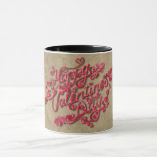 Fijne Valentijnsdag sepia hart rode lettering Mok
