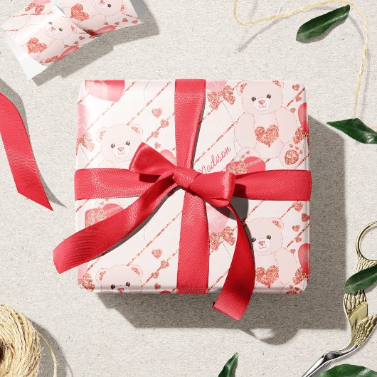 Fijne Valentijnsdag Teddy Bear Pattern op Roze Cadeaupapier