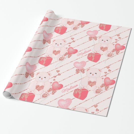 Fijne Valentijnsdag Teddy Bear Pattern op Roze Cadeaupapier (Uitgerold)