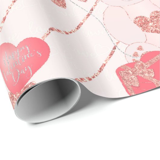 Fijne Valentijnsdag Teddy Bear Pattern op Roze Cadeaupapier (Rol Hoek)