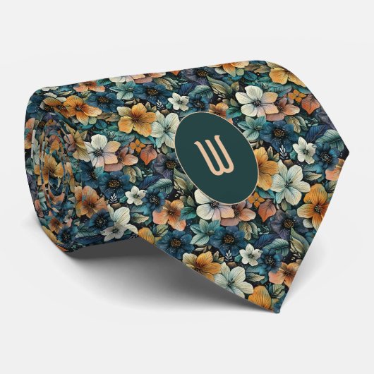 Fijne verbrande Sinaasappel en groene bloemen Stropdas (Opgerold)